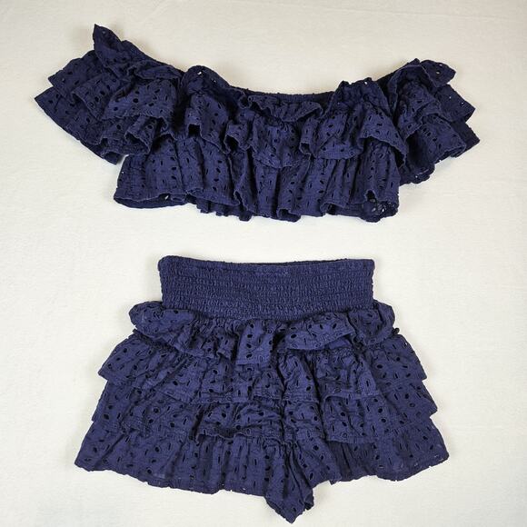 Supper Club Matching Set Shorts Crop Top Off Shoulder Eyelet Lace Ruffle Size S - Picture 15 of 16